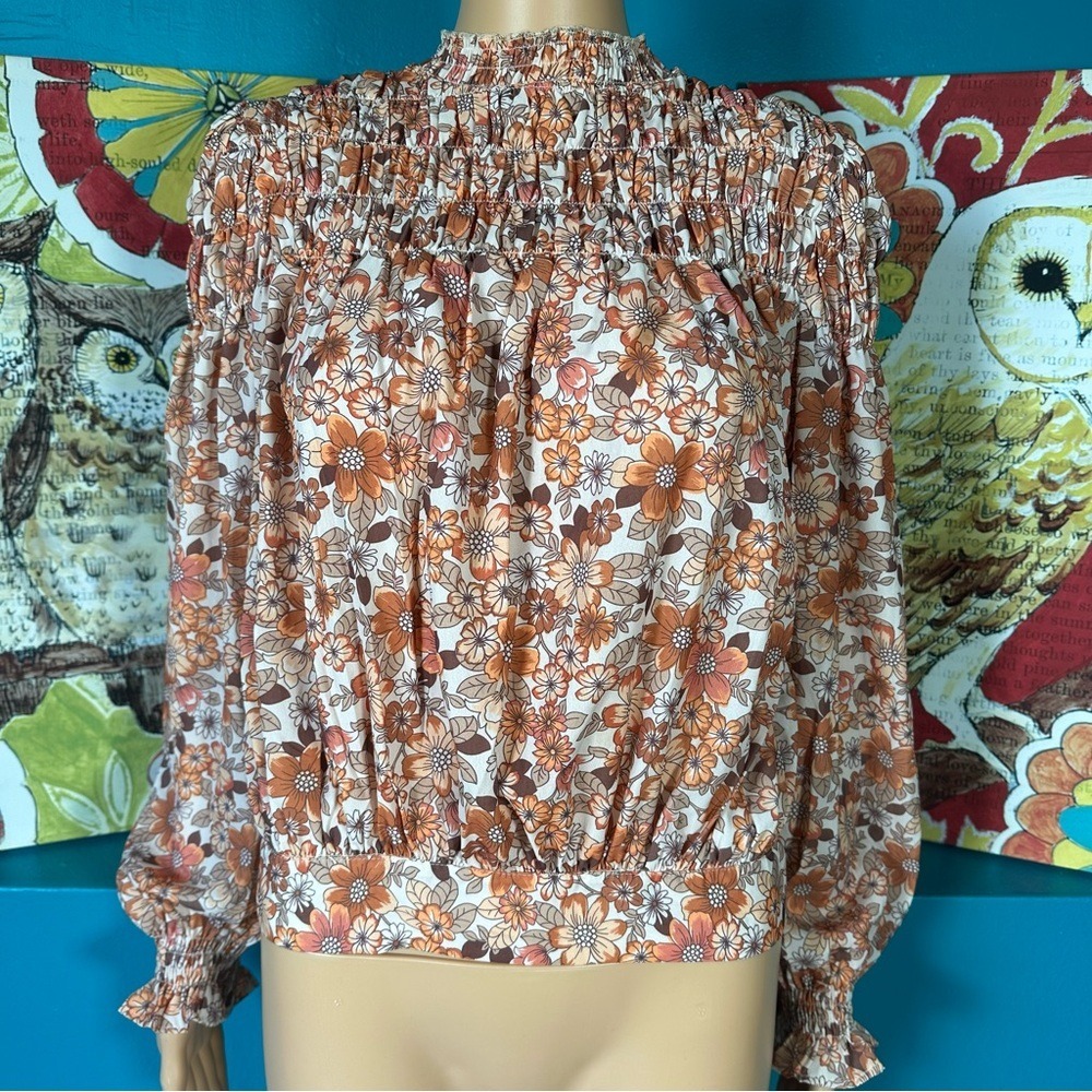 Nasty Gal Brown Floral Blouse Women Boho Prairie Cottagecore High Neck Peasant